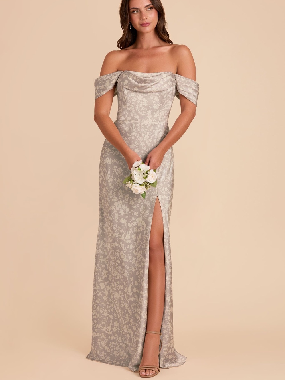 Birdy Grey Mia Dress Matte Satin Almond Dreamy Floral Maxi M White Pearl Gray